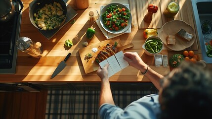 Overhead Of Man In Kitchen Holding Recipe Cards For Online Meal Food Recipe Kit Delivered To Home : Generative AI