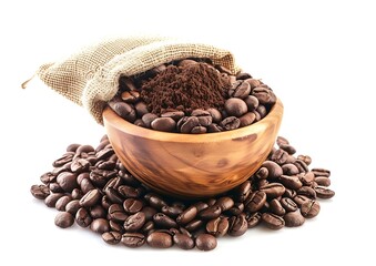 Obraz premium Roasted coffee beans in sack bag with coffe powder (ground coffee) in wooden bowl isolated on white background. : Generative AI