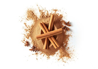 Cinnamon sticks and heap of powder isolated on white background, top view : Generative AI