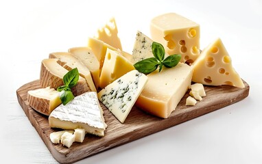 Wooden board with different kinds of cheese and basil on white background : Generative AI