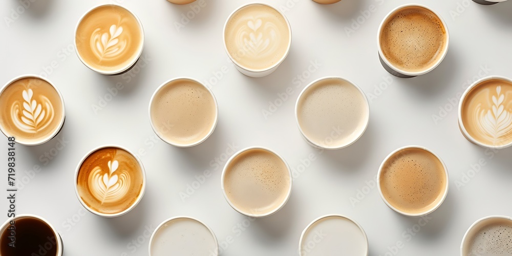 Poster set of paper take away cups of different coffee latte or cappuccino isolated on white background, to