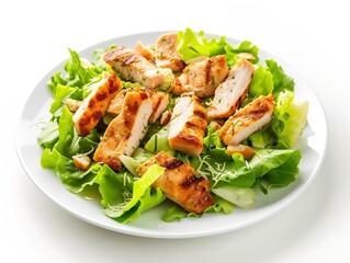 Chicken Salad. Chicken Caesar Salad. Caesar Salad with grilled chicken and croutons. Grilled chicken breast and fresh green salad isolated on white : Generative AI