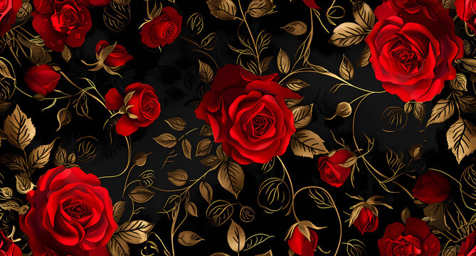 a red roses black background seamless pattern