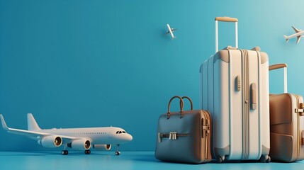 luggage or baggage and planes placed on passport for making advertising media about tourism and all object on blue background, vector 3d on blue background for travel and transport con : Generative AI - obrazy, fototapety, plakaty