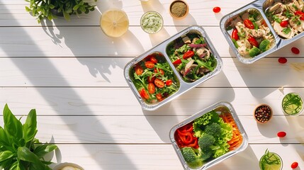 Diet plan mockup with healthy restaurant food delivery. Natural organic fitness nutrition for diet. Daily meals in foil boxes with copy space at white wood. Top view, flat lay : Generative AI