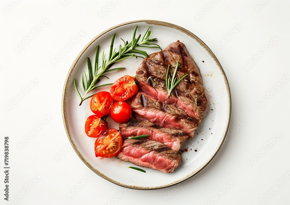 Poster grilled sliced beef steak with tomatoes and rosemary on a plate isolated on white background top vie