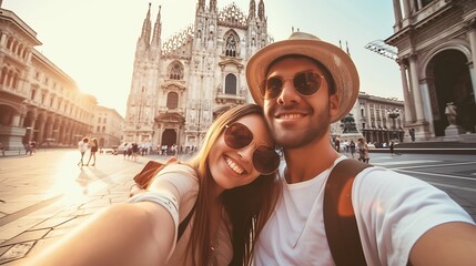 Happy couple taking selfie in front of Duomo cathedral in Milan, Lombardia - Two tourists having fun on romantic summer vacation in Italy - Holidays and traveling lifestyle concept : Generative AI - obrazy, fototapety, plakaty