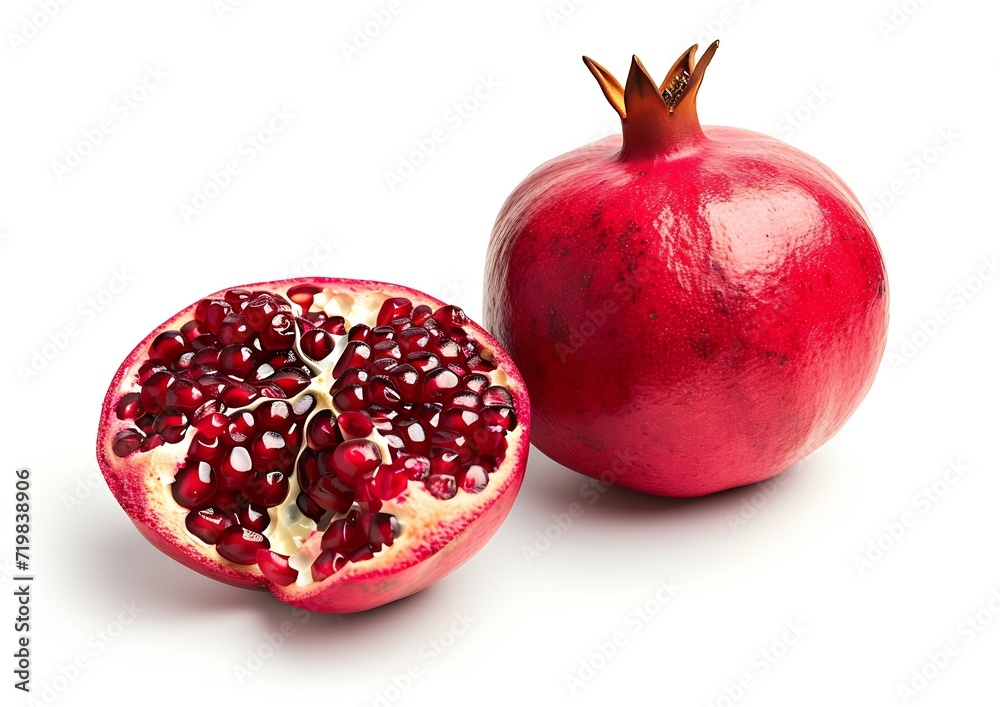Poster pomegranate with cut in half isolated on white background. : generative ai