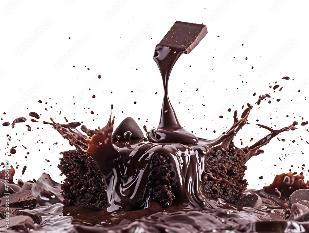 Poster chocolate flowing on brownie isolated on white background : generative ai