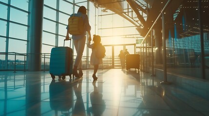 Airport, family and child excited for flight with suitcase trolley on holiday, vacation or immigration journey and travel. Luggage of mother, father or diversity parents with girl kid  : Generative AI