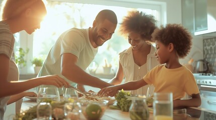 Happy family setting table in kitchen : Generative AI - obrazy, fototapety, plakaty