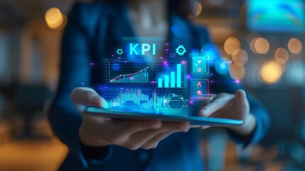 Businesswoman engaging with interactive KPI analytics on tablet