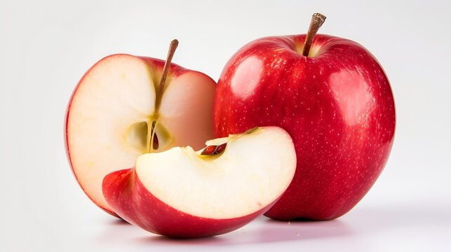 Red apple isolated. Whole apple, half and a slice on white background. Red appl set : Generative AI