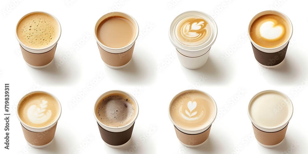 Poster set of paper take away cups of different coffee latte or cappuccino isolated on white background, to