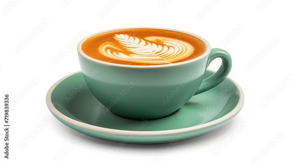 Aufkleber Side view of hot latte coffee with latte art in a ceramic green cup and saucer isolated on white background with clipping path inside. Image Stacking Techniques. : Generative AI