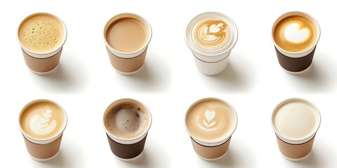 Set of paper take away cups of different coffee latte or cappuccino isolated on white background, top view : Generative AI