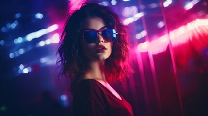 Fototapeta na wymiar Teen hipster girl in stylish glasses standing on light background. Neural network AI generated art