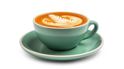 Side view of hot latte coffee with latte art in a ceramic green cup and saucer isolated on white background with clipping path inside. Image Stacking Techniques. : Generative AI