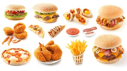 All Fast Food collection set, isolated on white background. Fried chicken, fries, pizza, sandwich, chicken nuggets, eggs and bacon, shawarma, prawns. Junk food of Fast Food set. Closeu : Generative AI