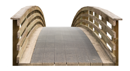 An arched wood bridge isolated on transparent background. PNG image. The wood structure is centered on the image. The wood pond, park and garden bridge.