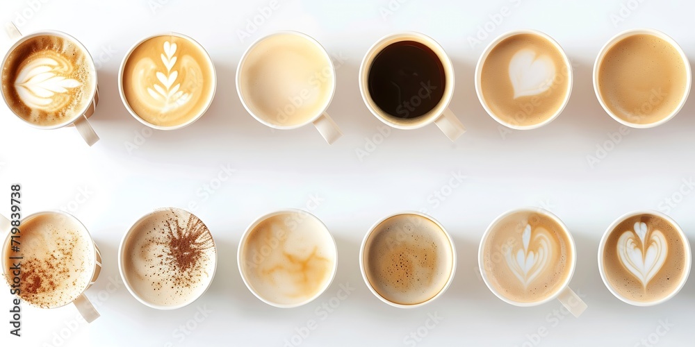 Poster set of paper take away cups of different coffee latte or cappuccino isolated on white background, to