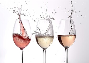 Red, white and rose wine glasses and one champagne glass dancing and plash on white background : Generative AI