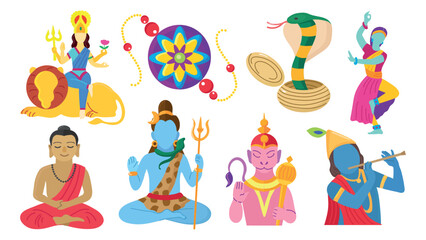 India vector illustrations including Bharatanatyam, Navratri, rakhi, Buddha, Hanuman, indian cobra, Khrishna, Shiva.