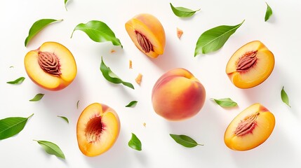 Levitating peach isolated. Composition of peaches, peach halves and slices with green leaves on a white background. : Generative AI