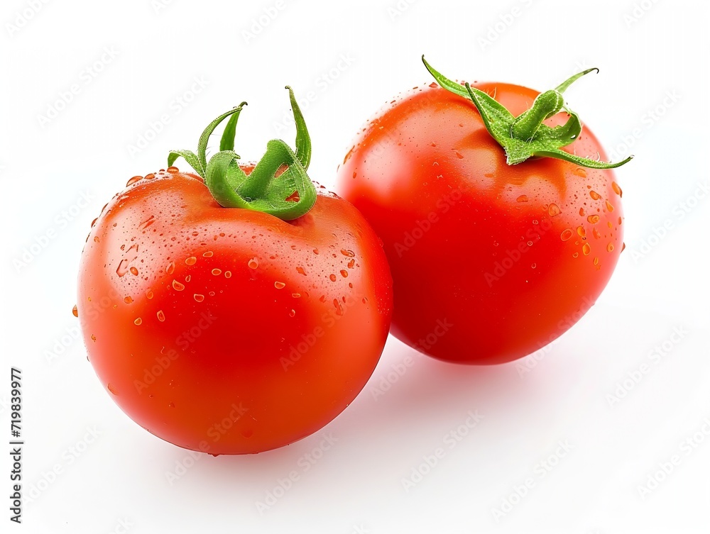Poster tomato isolated on white background. fresh red two tomato : generative ai