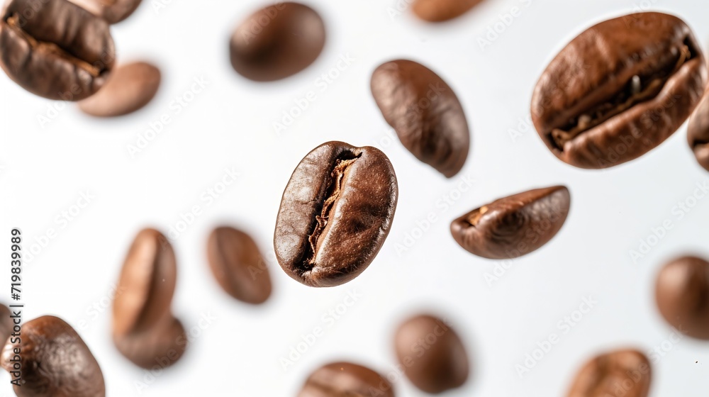 Poster coffee beans in the air close -up isolated on a white background : generative ai