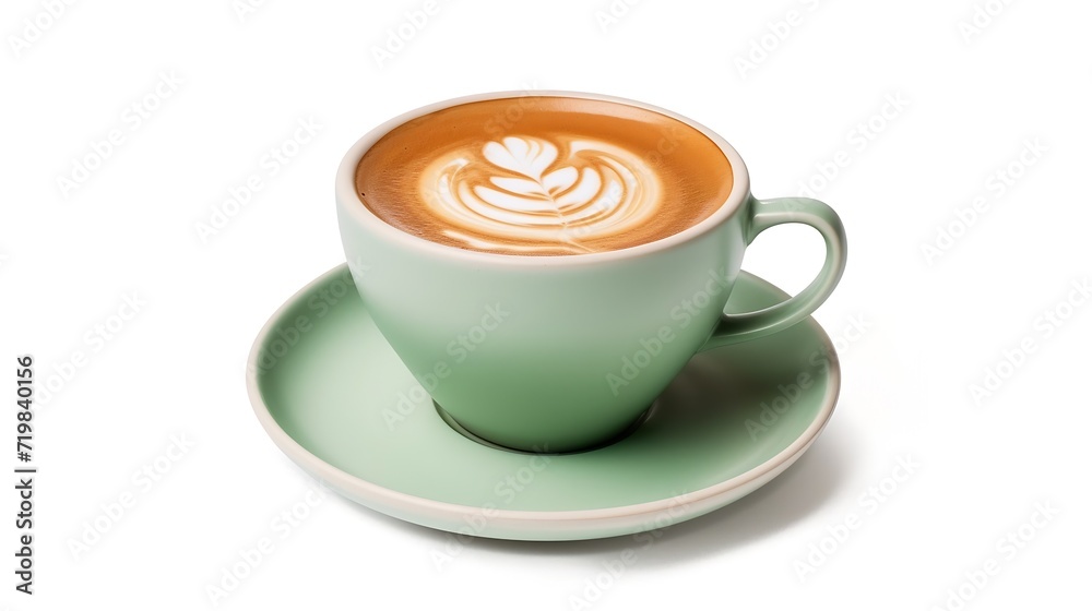 Aufkleber Side view of hot latte coffee with latte art in a ceramic green cup and saucer isolated on white background with clipping path inside. Image Stacking Techniques. : Generative AI