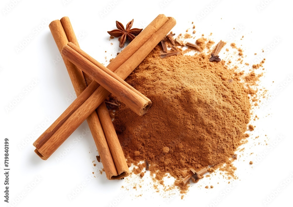 Poster cinnamon sticks and heap of powder isolated on white background, top view : generative ai