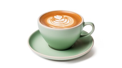 Side view of hot latte coffee with latte art in a ceramic green cup and saucer isolated on white background with clipping path inside. Image Stacking Techniques. : Generative AI