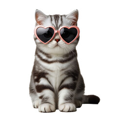 Obraz premium American Shorthair cat wearing heart sunglasses and sitting, a funny and cute portrait of a young kitty with gray fur, isolated on transparent background. 