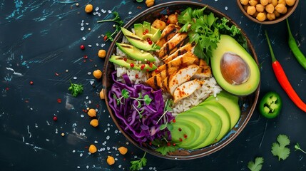Grilled chicken, rice, spicy chickpeas, avocado, cabbage, pepper buddha bowl on dark background, top view. Delicious balanced food concept : Generative AI - obrazy, fototapety, plakaty