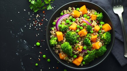 Vegetarian quinoa and broccoli warm salad with baked butternut squash or pumpkin, green peas and fresh red onion, top down view : Generative AI