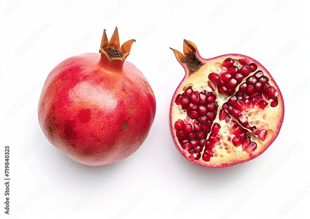 Poster pomegranate with cut in half isolated on white background. : generative ai