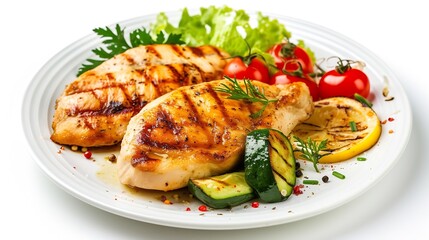 plate of grilled chicken with vegetables isolated on white background : Generative AI