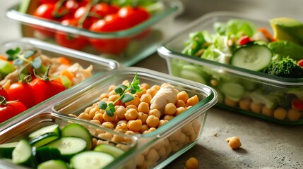 Healthy meal prep containers with chickpeas, chicken, tomatoes, cucumbers and avocados. Healthy lunch in glass containers on beige rustic background. Zero waste concept. Selective focu : Generative AI