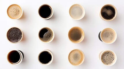 Set of paper take away cups of different black coffee isolated on white background, top view :...