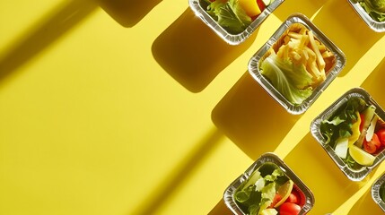 Obraz na płótnie Canvas Healthy food delivery. Take away of organic daily meal on yellow, copy space. Clean eating concept, healthy food, fitness nutrition take away in foil boxes, top view. : Generative AI