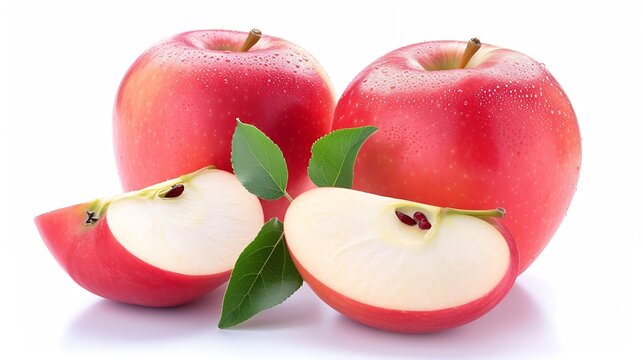 Red apple isolated. Whole apple, half and a slice on white background. Red appl set : Generative AI