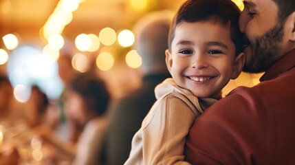 Happy parent embracing son during party at restaurant : Generative AI