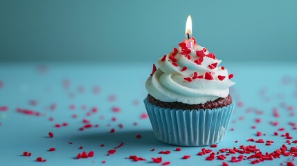 Blue cupcake with red sprinkles and lit candle on a blue background. : Generative AI - obrazy, fototapety, plakaty