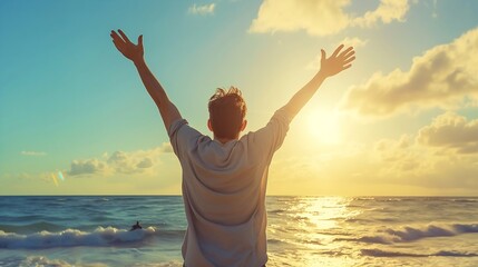 Back view of happy excited man raising arms up to blue sky - Hipster winner traveler enjoying summer sunset at the beach - Travel, mental health, success, business, tourism and life st : Generative AI - obrazy, fototapety, plakaty