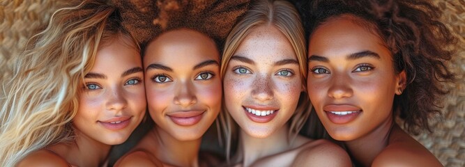 Afro-Scandinavian, youthful, attractive women posing happy together against a brown background