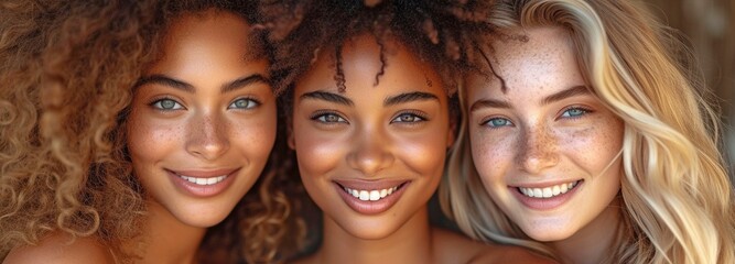Afro-Scandinavian, youthful, attractive women posing happy together against a brown background