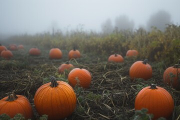 A mysterious and foggy pumpkin patch with pumpkins of various sizes