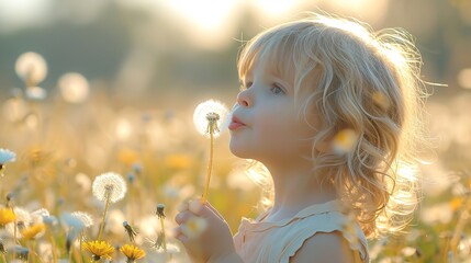 A fair-haired young girl blowing dandelions in a field of them side view, big copy space, Generative AI.