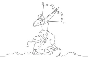Fototapeta na wymiar Lord Rama with arrow and bow. Celebrations of Sri Rama Navami. Mystic Archer.India.One continuous line drawing. Linear. Hand drawn, white background. One line